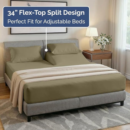 Split Head King Sheet Set – 4 Piece Flex Split Top King Sheets for Adjustable Beds - Fits 14” to 16" Mattress w/ Deep Pockets - Ultra-Soft, Breathable & Cooling - Luxury Bedding & Wrinkle Free - Khaki