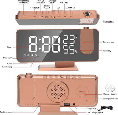 Mightree Projection Alarm Clock for Bedroom, Digital Alarm Clock with USB Charger, 7.4" Large LED Mirror Display Radio Alarm Clock, Dual Smart Alarm with Projection on Ceiling, Rose Gold