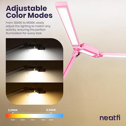 Neatfi LED Desk Lamp, Dimmable Desk Light with 360 SMD LEDs, 30W, CRI 95, Adjustable Color Temperature, Task Lamp for Home, Office, and Workbench (CCT, Pink, 41 Inches)