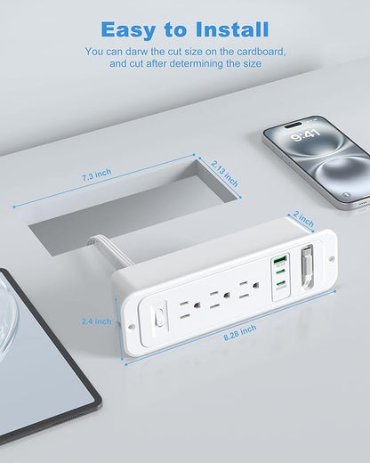 Recessed Power Strip with Retractable USB C Cable,2 PD 20W USB C,Flush Mount Countertop Drawer Outlet, Furniture Hidden Outlet for Side Table,End Table,3 Outlets (White, 6FT-20W USB)