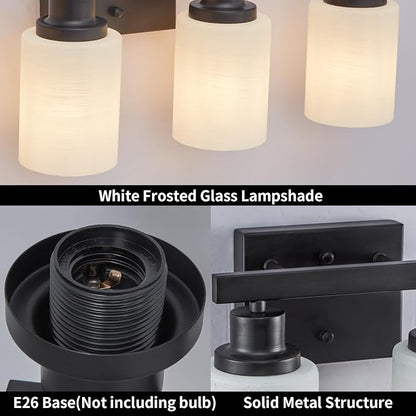 DIKAIDA 3-Light Bathroom Light Fixtures Over Mirror, Modern Matte Black Vanity Lights with White Frosted Glass Shade, Bathroom Wall Lamp Sconces for Mirror Bedroom, Living Room Hallway