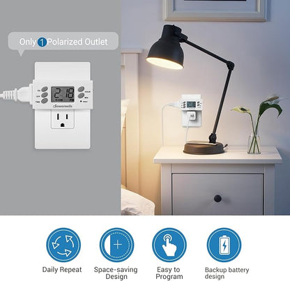 DEWENWILS 24 Hour Outlet Timer, 125V 15A 1000W Timers for Electrical Outlets, 1 Polarized Outlet, Digital Light Timer for Indoor Lamp, Fan, Aquarium, 1/2 HP, 2 Pack, UL Listed