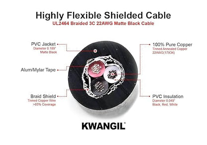 KWANGIL 3C 22AWG AMSB Shielded Cable Wire (UL2464) - Highly Flexible Str TC, PVC Ins, OS+TC BRD, PVC JKT for CNC Machine, Stepper Motor, VFD Spindle (Matte Black 50FT)