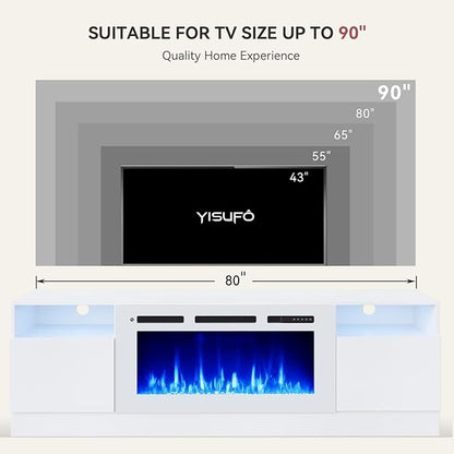 YISUFO 80” TV Stand with 36” Electric Fireplace, Large Modern Media Entertainment Center with Storage Cabinet and 12 Colors LED Lights for TVs Up to 90",All Black