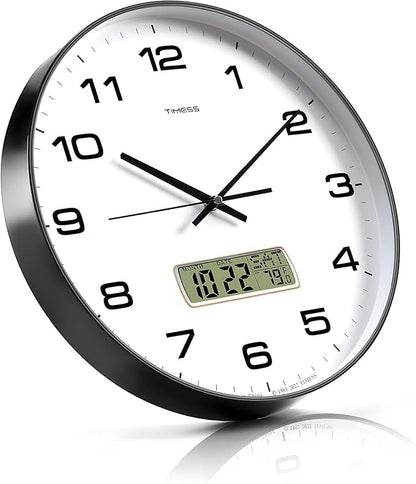 TIMESS Wall Clock, 10" Dial Non-Ticking Silent Battery Operated Analog with LCD Display for Perpetual Calendar and F° Temperature, Ideal Modern Home, Bedroom, Kitchen, Office Decor (Black)