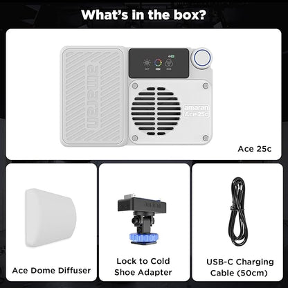 Amaran Ace 25c Pocket RGBWW LED Light, Boost Mode Up to 32W, Full-Color Mini Video Light (2,300-10,000K), 1,171 Lux@1m at 5,600K, 4500mAh Battery with PD Fast Charging for Mobile Creators (White)