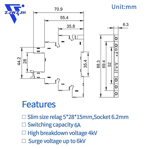 Electromechanical Relay Miniature Power Relay 110V/ 120V AC/DC HF41F/60-ZS 1NO 1NC 6A SPDT with LED Indicator, Socket Base, DIN Rail Slotted 3Pcs UL Certification
