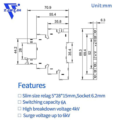 Electromagnetic Relay 24V DC/ 24V AC SPDT 6A with LED Indicator, Socket Base, DIN Rail, Ultra Thin 6.2mm, UL CE VDE Certification