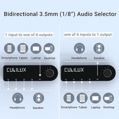 Cubilux Bidirectional 3.5mm Audio Switcher (1-in to 4-Out / 4-in to 1-Out), Stereo 1/8” Aux Selector Box for Speaker Headphones/Earphones, Audio Switch for Laptop Computer Smartphone Tablet