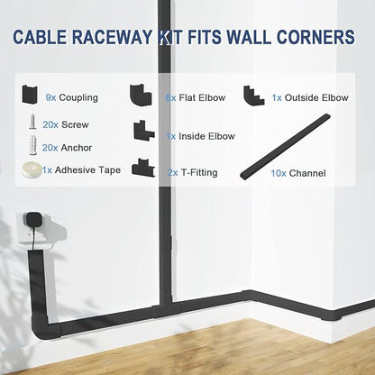 Cord Cover Raceway Kit - 157" Cable Concealer, Wire Hider for TV Wall Mounting and Wire Management, Black