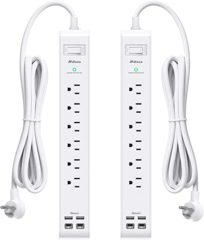 2 Pack Power Strip Surge Protector, 15FT Long Extension Cord, Surge Protector with 6 Outlets and 4 USB Charging Ports(2 USB C), Flat Plug Overload Protection, Wall Mount for Home Office Dorm College