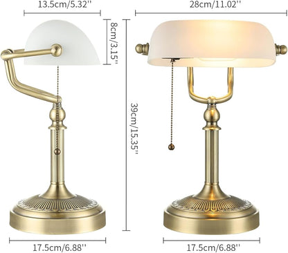 Newrays Glass Bankers Desk Lamp with Pull Chain Switch Plug in Fixture (Matted White +Green Bronze Base, Classic)