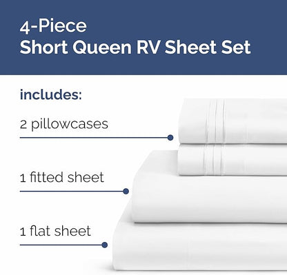 RV Short Queen Sheet Set 60 X 75 - 4 Piece RV Short Queen Bed Sheets - Ultra Soft, Breathable & Cooling - Designed for Bunks, Trailers & Camper - Fits 8” to 12" Mattress - Hotel Luxury Bedding - White