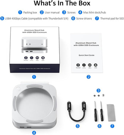 Akkyajaure 40Gbps USB4 Hub & Stand for Mac mini M4/M4 Pro, All-Aluminum Docking Station with 40Gbps M.2 SSD (NVMe PCle) Enclosure, 3*USB 2.0, 3.5mm Audio, USB4 Host | Mac mini M4 USB-4 Dock