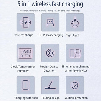 IHAO 5in1 Multi Functional Wireless Charging Station Digital Clock 15W Fast Charging Temperature Display Wireless Charger for All Qi Phone and TWS Headphone Compliant with Apple Watch-DH15 Black