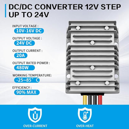 DC/DC Converter 12V Step Up to 24V, Boost Converter 20A 480W Voltage Regulator, 24Volt Transformer, Power Supply Module Boost Transformer for Car Truck Vehicle Boat