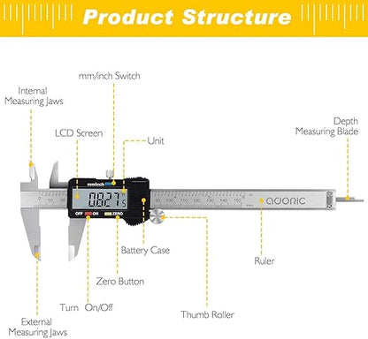 Adoric Digital Caliper, Electronic Digital Caliper Stainless Steel Body with Large LCD Screen | 0-6 Inches | Inch/Millimeter Conversion