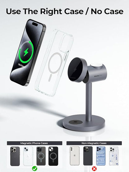 MagFusion 3-in-1 Charging Station Compatible with MagSafe, Qi2 Certified 15W Magnetic Wireless Charger Stand, for iPhone 16/15/14/13/12 Series, Apple Watch, AirPods(30W PD Charger Included)