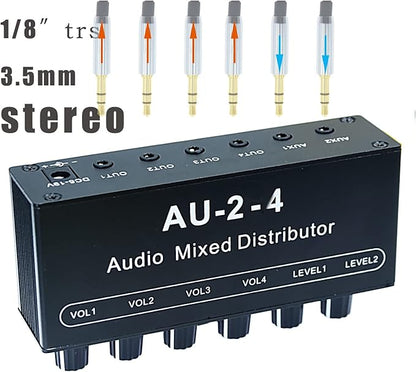 1/8" aux Input Mixing 2 in 4 Channel Way Out Headset Box Headphone Amplifier 3.5mm Mixer 1/8 inch Stereo Audio Amp with Ultra-Compact Portable mini Jack 3.5 Splitter hup for Studio and Stage
