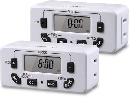 Fosmon 7 Day Digital Timers for Electrical Outlets, Indoor Plug-in Light Timers Switch Programmable, Electric Wall Plug for Grow/Reptile Light, Lamp, Appliance, Aquarium, Fish Tank - 2 Pack