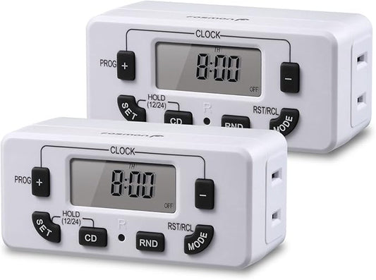 Fosmon 7 Day Digital Timers for Electrical Outlets, Indoor Plug-in Light Timers Switch Programmable, Electric Wall Plug for Grow/Reptile Light, Lamp, Appliance, Aquarium, Fish Tank - 2 Pack