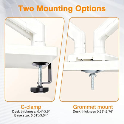 XEVKZO Dual Monitor Arms, Gas Spring Monitor Arms for 2 Monitors up to 34" Curved/Flat, 22lbs per Arm, VESA Mount 75x75 100x100mm, C-Clamp & Grommet Base, Adjustable Tilt/Swivel/Rotation White