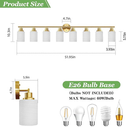Guliaofo 8-Light Vanity Lights, Brushed Gold Bathroom Light Fixture with Striped Textured Milky White Glass Shade, Modern Vanity Lighting Fixture for Bathroom Wall Light Over Mirror, E26 Wall Sconce