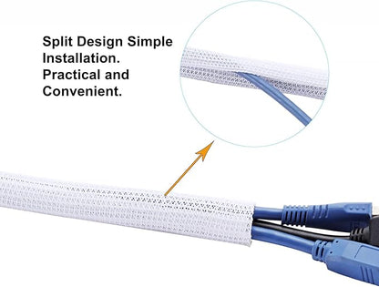 QCSIW 50ft 1 Inch White Cable Sleeve – Split Wire Loom Tubing Cord Protector – Flame Retardant Polyester Cable Management Wrap for Desk, TV, PC – Pet Chew Resistant & Easy to Cut