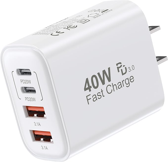 USB C Charger Block, 40W 4 Ports USB-C Wall Charger Plug Fast Charging, for iPhone Charger, QC Multiport Adapter, USB A Type C Box Brick Cube for iPhone 17 16 15 14 13 12 Pro Max, Samsung Galaxy