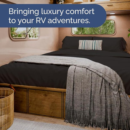 RV Short Queen Sheet Set 60 X 75 - 4 Piece RV Short Queen Bed Sheets - Soft, Breathable and Cooling - Designed for Bunks, Trailers & Campers - Fits 8” to 12" Mattress - Hotel Luxury Bedding - Black