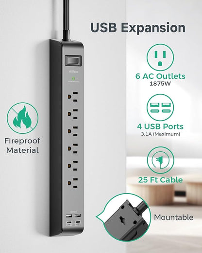 2 Pack Surge Protector Power Strip with 6 Outlets 4 USB Ports (2 USB C) 25-Foot Extension Cord Flat Plug 900 Joules 15A Circuit Breaker Wall Mount Desk USB Charging Station for Home Office