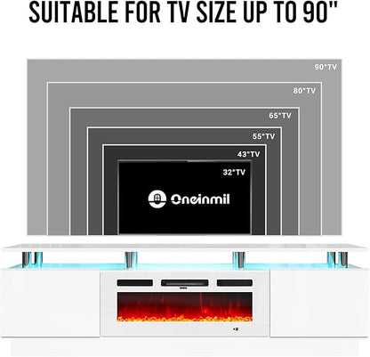 oneinmil 80" Modern Electric Fireplace TV Stand for TVs Up to 90 inch, with Electronic Flame and LED Lights, Luxury High Gloss Finish Entertainment Center, TV Console Cabinet for Living Room, White