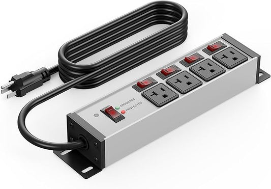 CCCEI Heavy Duty Surge Protector Power Strip 20 Amp Individual Switches. 15FT 12 Gauge Extension Cord with Multiple Outlets. Kitchen, Garage, Shop, Industrial Wall Mount Electric Extender, Grey.