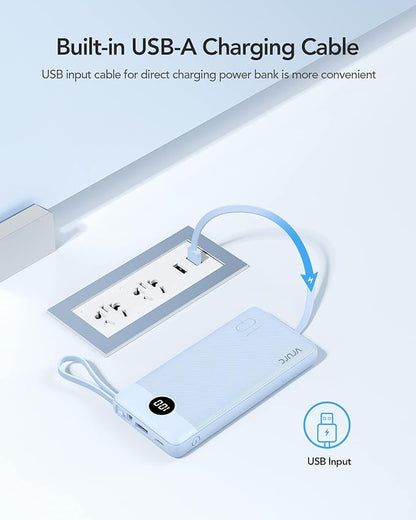 VRURC 10000mAh Power Bank Built-in Cables, Portable Charger with LED Display, Slim Travel Battery Pack with Cords, 5 Output Dual Input Phone Charger for Cell Phone Smart Devcies-Blue(1 Pack)