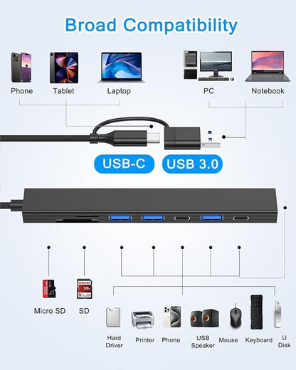 VIENON USB C Hub USB Hub 3.0 with SD Card Reader(8-in-1), USB Extender with Memory SD/Micro SD Card Reader, for Laptop, PC, MacBook, iPad Pro, iMac-Aluminum