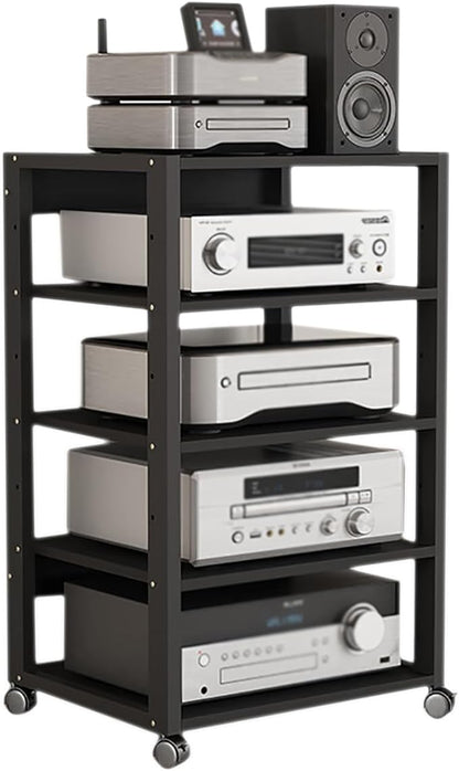 Dernoing 5 Tier Audio Rack Tower, CD Record Player Stereo Receiver AV Equipment Cabinet Display Rack, Weight Capacity 661 lbs, with Adjustable Wooden Shelves for Home (5 Tier Black)