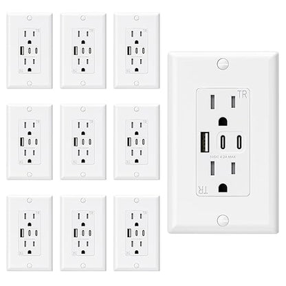 ELEGRP USB Outlets, 15 Amp Wall Outlet with 3 USB Ports, Dual USB C Ports Outlets, TR Tamper-Resistant USB Outlets Receptacles, Wall Plate Included, UL/CUL Listed, 10 Pack, White