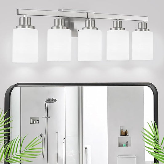 DIKAIDA 5-Light Bathroom Light Fixtures, 30" Nickel Bathroom Vanity Light with Milky White Glass Shade, Modern Bathroom Wall Lights Over Mirror, Farmhouse Wall Sconces Lighting for Bedroom Living Room