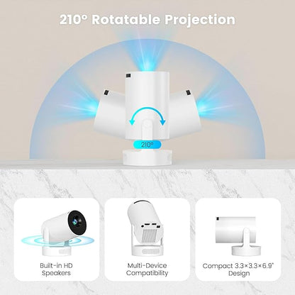 Mini Portable Projector with Wifi6 and Bluetooth, 4K Projector Support 5w Sound Base Speaker, 160 ANSI, Android 11, Auto Vertical Keystone 210°Rotatable Proyector for Home Bedroom Outdoor HY300 ULTRA