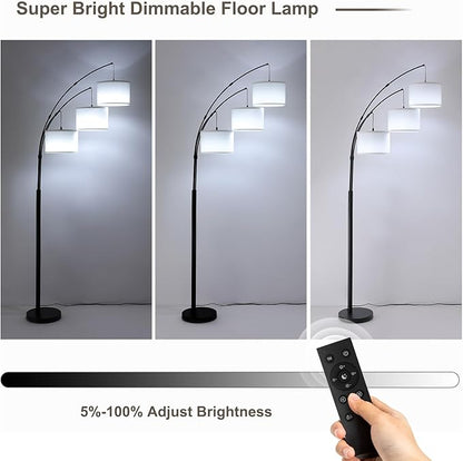 Fansdrick Floor lamp with Remote, 3 Light Arc Floor Lamps for Living Room, 2400LM Tall Standing Floor Lamps with White Shades, 80" Large Floor Lamp for Bedroom, Office