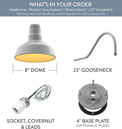 Steel Lighting Co. Hawthorne Barn Light | Outdoor Wall Mounted | 8 inch Dome | 23" Gooseneck | Small Farmhouse Light Made in America | Modern Gray Exterior/Brass Interior