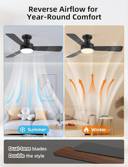 Homlit 42" RGB Ceiling Fan with Light, Music Sync Smart Fan with Alexa/Google/App Control, Low Profile Flush Mount, 6-Speed Quiet DC Motor, 4 CCT Dimmable Lighting for Bedroom Living Room, Black