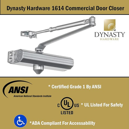 Dynasty Hardware Door Closer, Grade 1 Heavy Duty Commercial Hydraulic Closer, Self-Closing, Adjustable Spring Size 1-4, ADA Compliant, Surface Mount, Sprayed Aluminum, Series 1614