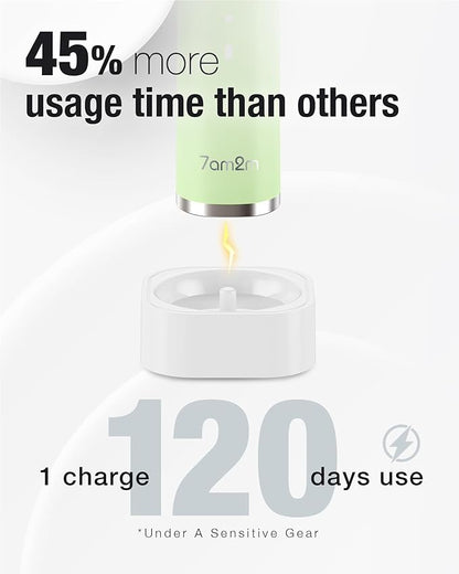 7AM2M Sonic Electric Toothbrush with 6 Brush Heads for Adults&Kids, One Charge for 120 Days, Wireless Fast Charge, 5 Modes, 40000VPM Powered Toothbrush, 2 Minutes Built in Smart Timer (Light Green)