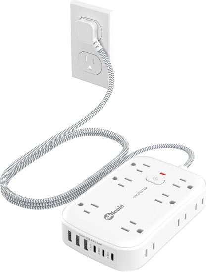 Power Strip with USB, 2100J Surge Protector Flat Plug Extension Cord 5ft, 12 Outlets & 6 USB(3 USB C)Charging Station, 3 Side Outlet Extender Wall Mountable for Tablet Laptop Computer Multiple Devices