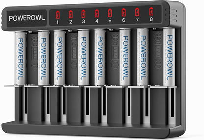 POWEROWL Rechargeable AAA Batteries Kit - 8 Pack 1000mAh High Capacity Low Self Discharge NiMH Double A Battery with 8 Independent Slots Charger