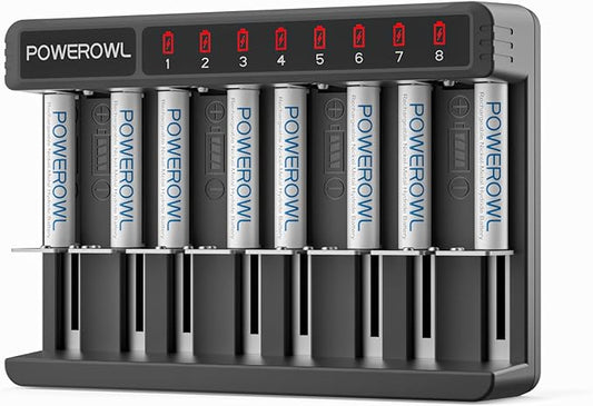 POWEROWL Rechargeable AAA Batteries Kit - 8 Pack 1000mAh High Capacity Low Self Discharge NiMH Double A Battery with 8 Independent Slots Charger