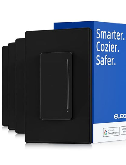 ELEGRP Smart Dimmer Light Switch DTR10, Single Pole Setup, 2.4GHz Wi-Fi Touch Dimmer Compatible with Alexa and Google Assistant, Needs Neutral Wire, No Hub Required, UL&FCC Listed, Black, 4 Pack