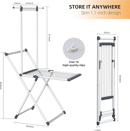 Unkqan Clothes Drying Rack, Foldable Laundry Rack for Indoor Outdoor, 10pcs Sock Clips, Collapsible Space-Saving Drying Rack for Clothes Towels Dolls, White (Gray-Hanger)