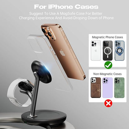 3 in 1 Wireless Charging Station for Multiple Devices Apple Magsafe Charger Stand, Mag-Safe Wireless Charger Dock for iPhone 16 15 14 13 12 Series Apple Watch Airpods Nignt Stand Charging Dock(Black)